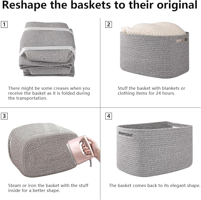 OIAHOMY 4 Pack Storage Baskets for Organizing, Cube Storage Bins for Shelves, Rectangle Storage Baskets With Handles, Woven Baskets for Storage, 16''Lx12''Wx8''H, Grey