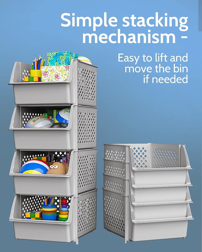 Stackable Storage Bins Open Front for Pantry Storage, 4 Pack - Light Grey | Sturdy Plastic, Easy Stacking, Open Front Access, Ventilated Sides, Vertical & Space Saving Pantry Organizers and Storage Bin