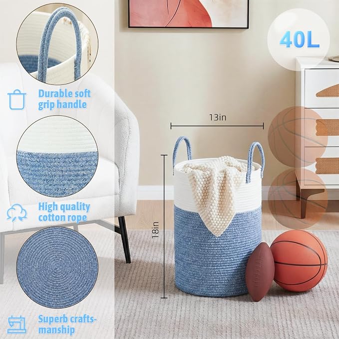 Laundry Basket,Woven Cotton Rope Laundry Hamper,40L for Decor Storage of Dirty Clothes,Toys and Blankets in Bathroom,Baby Room and Living Room