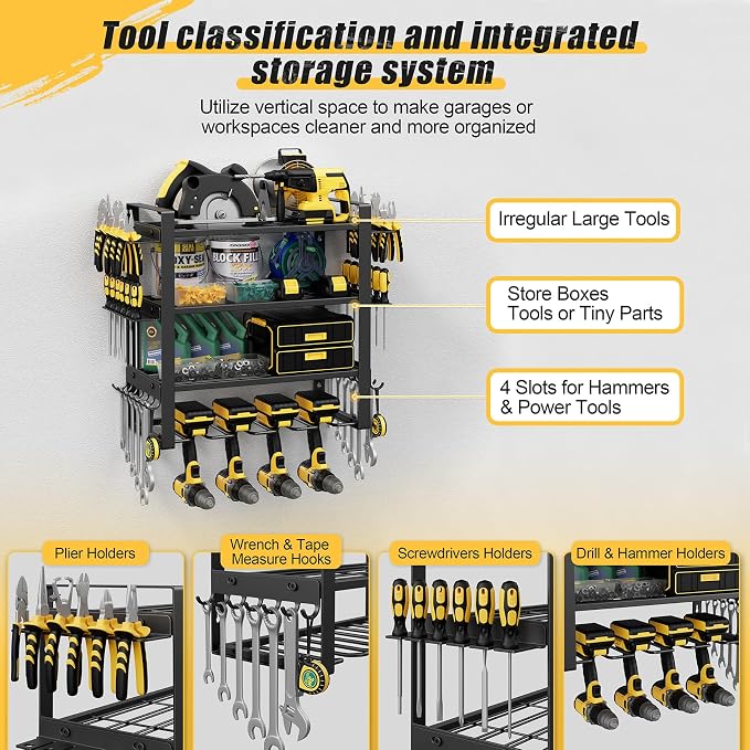 4-Tier Power Tool Organizer Wall Mount, 200LBS Capacity, 4 Drill Holders | 3-Tube Reinforced Design, Holds 50+ Tools, Cordless Tool Organizer, Rust Resistant, Quick Assembly, Garage Gift for Men