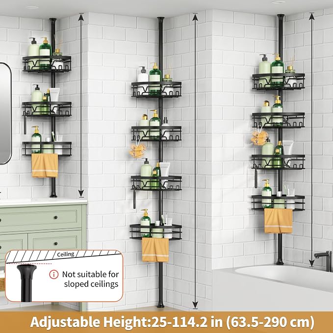 DAOYA Tension Pole Shower Caddy with Towel Bar - Corner Shower Caddy, Black | Tension Rod Shower Caddy, 4-Tier, 12 Side Hooks, Adjustable, Floor to Ceiling 25-114 Inch, For Bathroom Bathtub Living Room