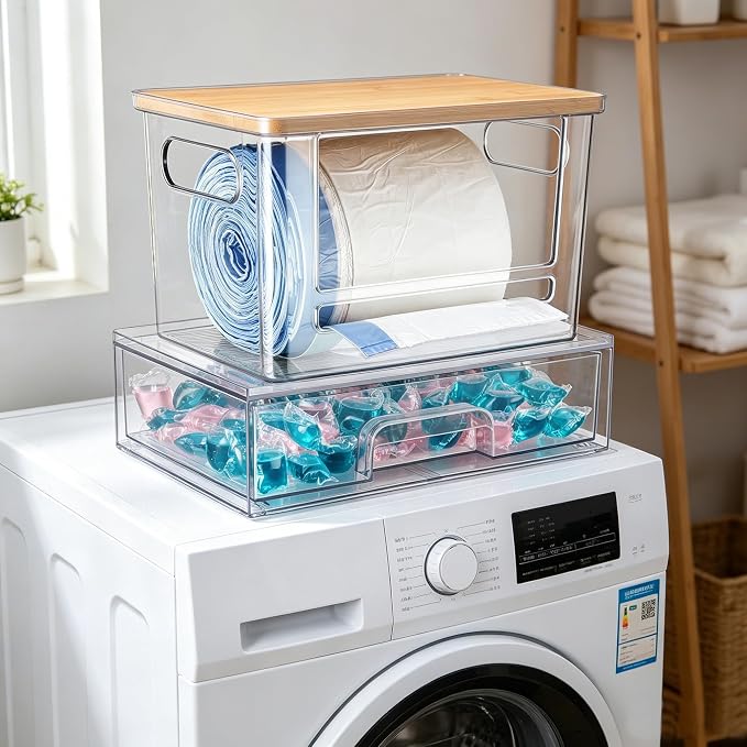 2Pcs Trash Bag Holder Under Sink Stackable Storage, Extra Large Laundry Room Organization and Storage, Laundry Pod Organization with Lid, Garbage Bag Dispenser Roll Holder for Kitchen Cabinet