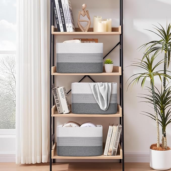 Baskets for Organizing,Storage Baskets,3 Pack Baskets for Shelfves,15"×10"×9" Woven Grey Basket,toy storage bins,bins for organization