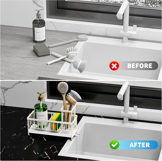 Cisily Sponge Holder for Kitchen Sink, Sink Caddy Organizer with High Brush Holder, Kitchen Countertop Organizers and Storage Essentials, Rustproof 304 Stainless Steel (Cream, 9.25″)
