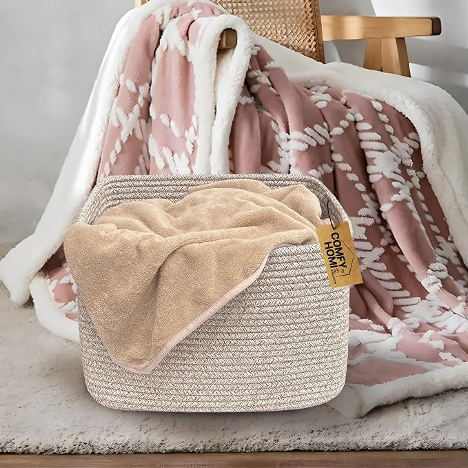 COMFY-HOMI Cotton Rope Woven Basket with Handles for Shelves,Toys,Book, Cloth Storage Baskets Bin for Organizing- 1 PCSToy Decorative Organizer for Living Room, Bathroom