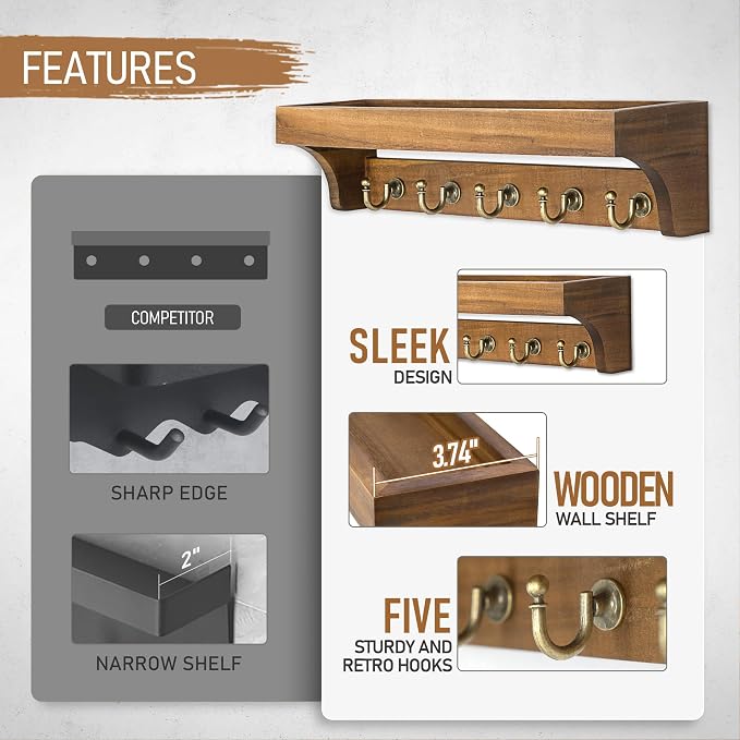 Rebee Vision Acacia Wood Key Holder Wall Mount for Room Decor, Brown | 5 Key Hooks, Cute Item Display, Retro Key Holder for Wall, Stylish Apartment Storage, Practical Everyday Organization