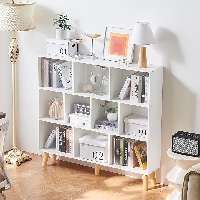 LEYAOYAO 10 Cube Bookshelf, Mid-Century Modern Book Shelf with Legs, White | 3 Tier Bookcase, Rustic Wood Bookshelves Freestanding Large Storage Organizer, Open Shelves for Bedroom, Living Room, Office