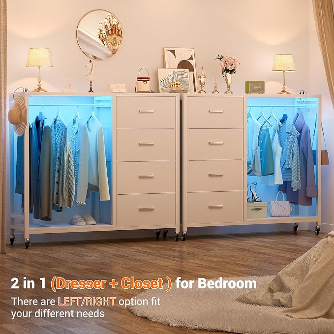 Cyclysio Storage Clothes Rack with 4 Drawers, Garment Rack with Charging Station & LED Lights, Fabric Chest Shelves Clothing Rack, Wooden Portable Wardrobe Closet