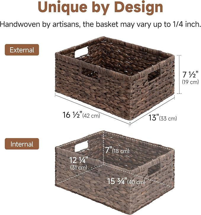 StorageWorks Large Storage Baskets for Shelves, Wicker Shelf Baskets for Organizing, Water Hyacinth Basket with Handles, Decorative Storage Basket for Toy, Pantry Organizers