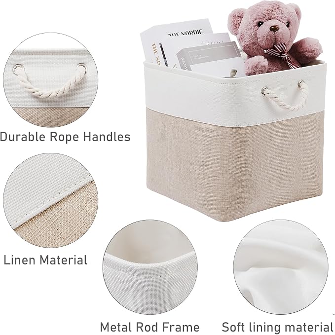 MidmmVick 13 x 13 Inch Cube Storage Bins, 6 Pack Extra Large Collapsible Fabric Storage Bin with Ropes, Foldable Storage Cubes for Home (White & Beige-13"x13"x13")