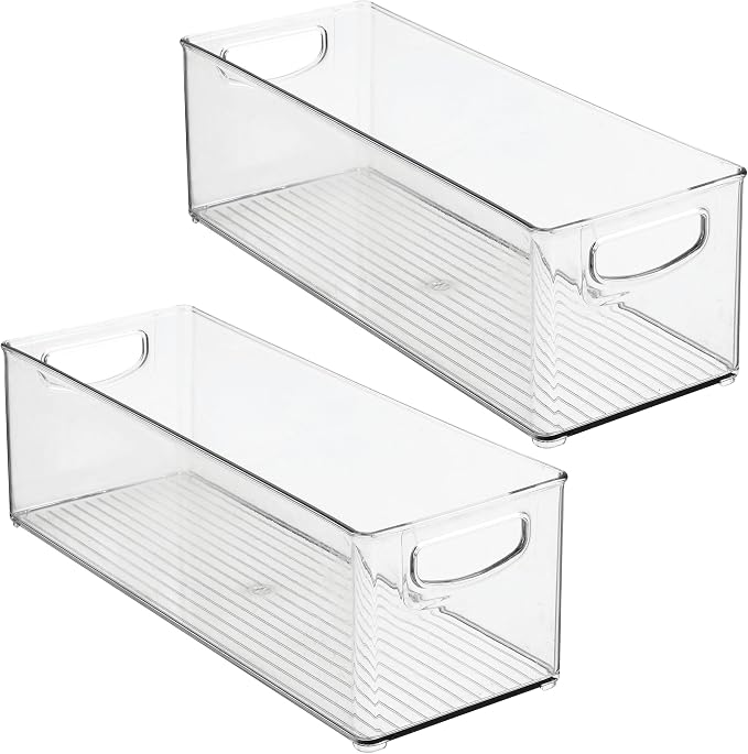 iDesign Plastic Stackable Pantry Bin with Handles, Set of 2, Clear | For Kitchen Cabinets or Fridge, Made in USA
