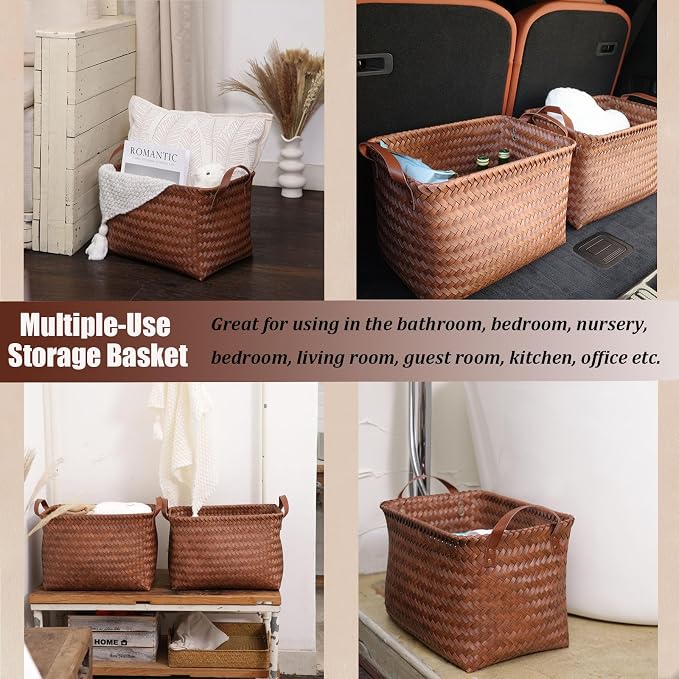BROWNLILY Handwoven Clothes Basket Laundry Hampers Large Wicker Storage Baskets for Shelves Blankets Closet Storage Bins Car Bedroom Bathroom Organizers and Storage Bath (Pack of 10, Brown)