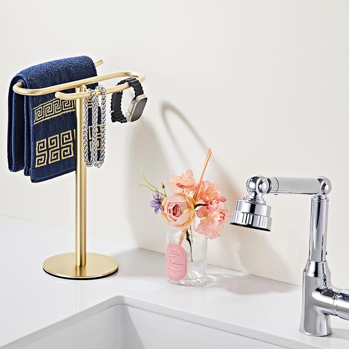 Brusehd Light Gold Hand Towel Holder Stand,13 Inch Free-Standing Towel Rack, SUS304 Stainless Steel Towel Bar Rack Stand, Tower Bar for Bathroom Kitchen Vanity Countertop