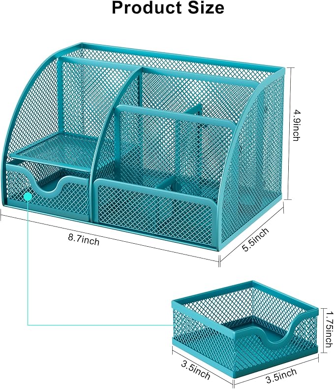 EasyPAG Mesh Desk Organizer with Drawer Multi-functional Pen Holder Stationery Organizer for Office School Supplies 6 Compartments Dorm Organizers and Storage for Desk, Blue