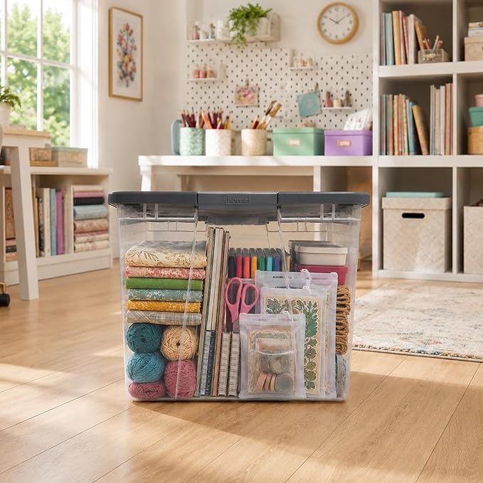 HOMZ Clear Plastic Storage Bin with Secure Latching Gray Lid, 64 Qt, 2 Pack | Heavy-Duty Stackable Containers, Large Organizer Box for Homes, Offices, and Garages