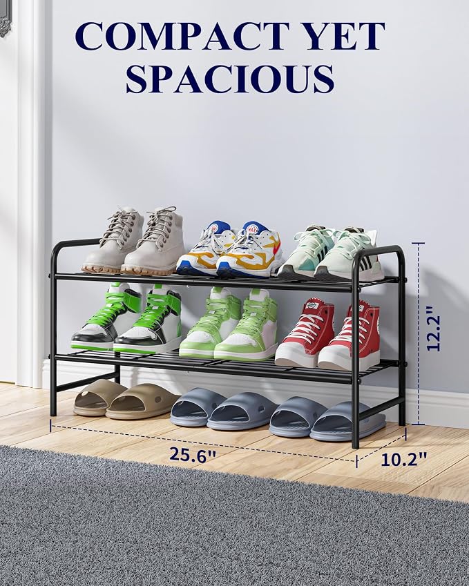 Kitsure Stainless Steel Shoe Rack Organizer, 25.6" Wide - 2 Tier, Black | Sturdy Shoe Rack for Closet and Entryway, Free Standing Shoe Shelf, Closet Organizers and Storage