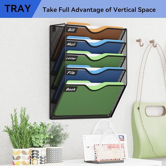 5 Pockets Hanging Wall File Organizer Mail Holder, Wall Mounted Paper Document Folder Holder, Clipboard Storage Organization Magazine Rack, Black