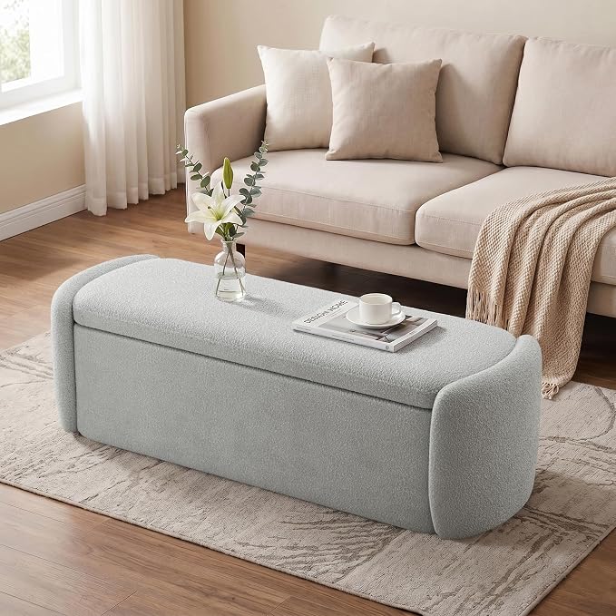 VKNOW Storage Bench, Upholstered Storage Ottoman Bench with Hinge, Grey | Ottoman Bench with Large Capacity, Curved Frame, King Size Bench, Storage Bench for Bedroom, Living Room, Entryway, Window