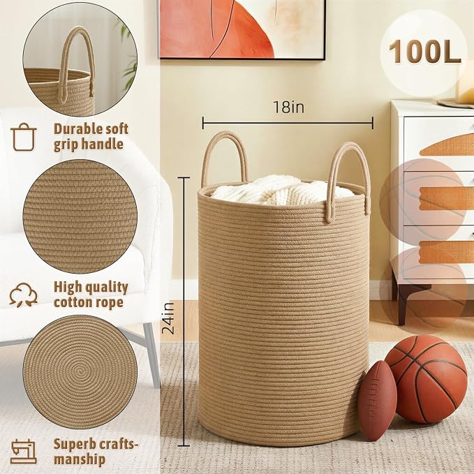 Artfeel Laundry Basket,Woven Cotton Rope Laundry Hamper,100L for Decorative Storage of Dirty Clothes,Toys and Blankets in Bathroom,Baby Room and Living Room