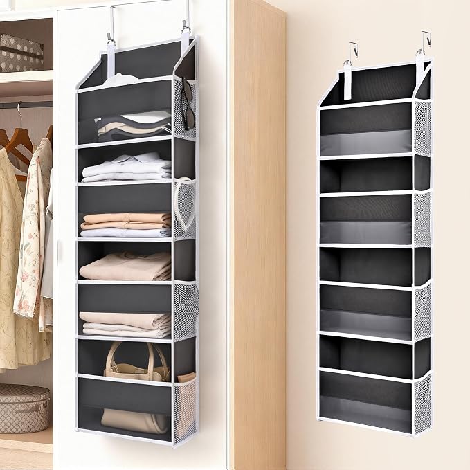 ULG 1 Pack Small Over Door Organizer with 4 Large Pockets 8 Mesh Side Pockets, Hanging Storage Organizer with Clear Window Kids Toys Deep Gray