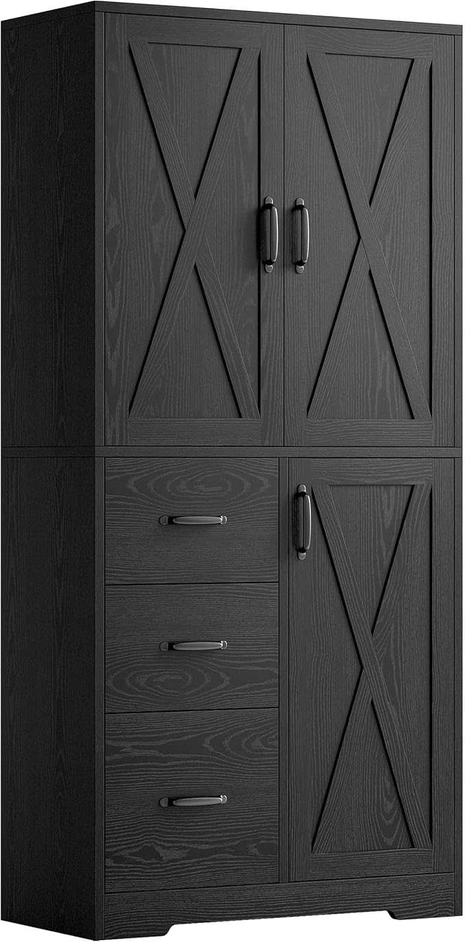 IRONCK Pantry Cabinet, Kitchen Storage Cabinet with 3 Door & Drawer, Black | Adjustable Shelf. 67.5inch Tall. 5 Tier Freestanding. 150 lbs Per Shelf. Modern Style. FSC-certified Wood. Anti-tip.