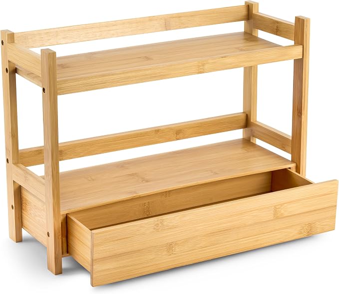 Sorbus 2-Tier Bamboo Countertop Shelf with Hidden Drawer for Vanity, Matcha Shelf, Bathroom Storage Cabinet, Under Sink Organizer, Bathroom Storage, Matcha Station Shelf (17″ L x 6.5″ W x 12.6″ H)