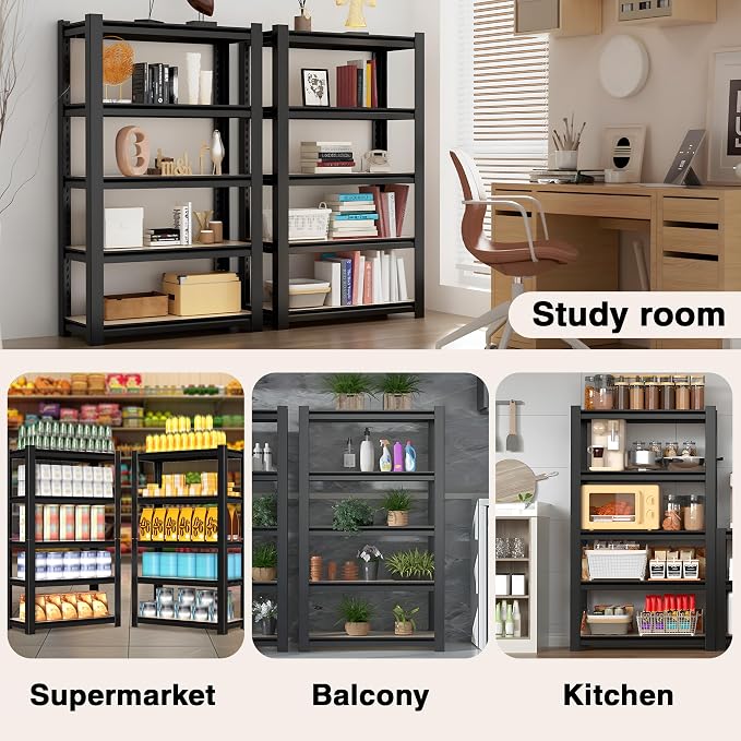 WORKPRO 5-Tier Black Shelving with Board, 24.1”Wx16.2”Dx60”H, 3000LBS Load | Boltless, Adjustable,Waterproof Board, 3000lbs Heavy Duty