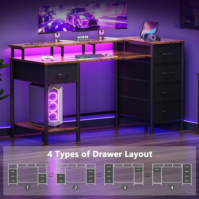 Korfile 47 Inch Computer Desk with Power Outlets,LED,5 Drawers,Rustic Brown | For gaming and working,built-in power outlets and LED lights, 5 fabric storage drawers, 47-inch, monitor stand,, rustic brown