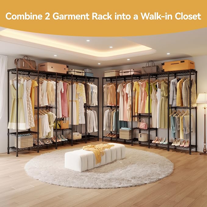 Higeego H5 Heavy Duty Clothes Rack, Black Clothing Rack for Hanging Clothes | 93.3"Wx15.7"Dx75.4"H, Large Garment Rack, Freestanding, Wardrobe Closet with Adjustable Shelf, Load 1400 lbs