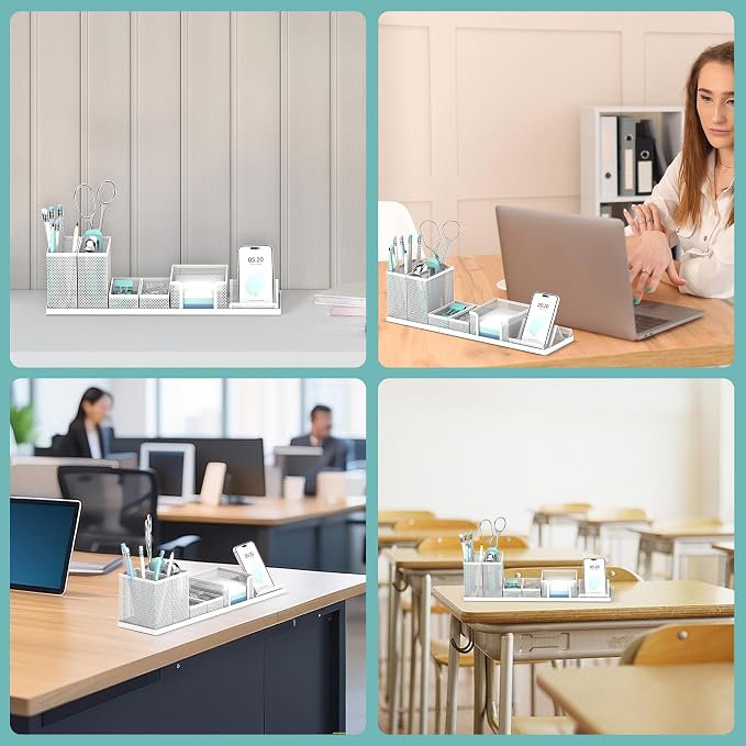 Pen Holder for Desk, 6-Piece Mesh Desk Organizer with Phone Holder, White | 6-Piece Black Mesh Desk Set Includes Pen Cups, a Sticky Note Caddy and Phone Holder for Office, School, Home