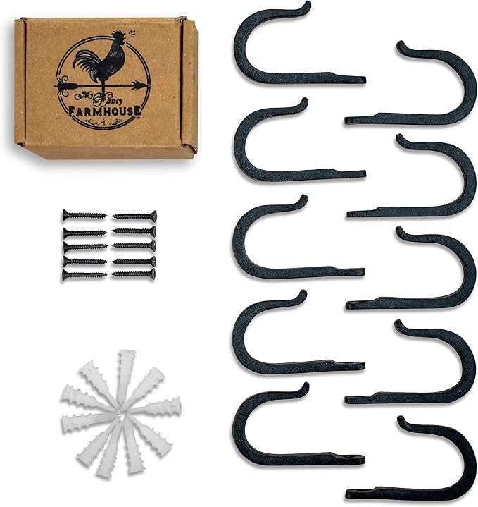 Railroad Spike Cast Iron Hooks (10 Pack) Handmade Blacksmith, Wall Mounted Farmhouse Decorative Hooks, PowderCoated for Interior or Exterior Use, Rust Proof for Hanging Coats, Bags or Pots (Black)