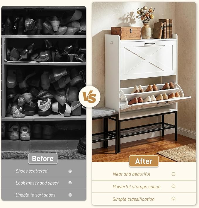 Karl home White Farmhouse Shoe Cabinet, Cushioned Entryway Bench Organizer | Space-Saving Freestanding Shoe Rack Organizer, Versatile Storage Furniture Suitable for Entryway and Living Room