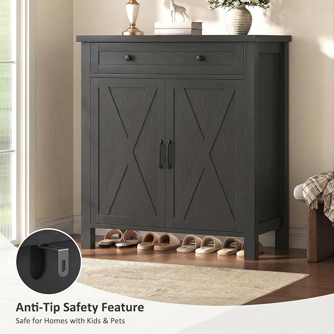 Farmhouse Shoe Storage Cabinet, 5-Tier High Boots Organizer with Adjustable Shelves, Large Drawer & Barn Doors, Entryway Shoe Rack for Hallway Living Room, Black