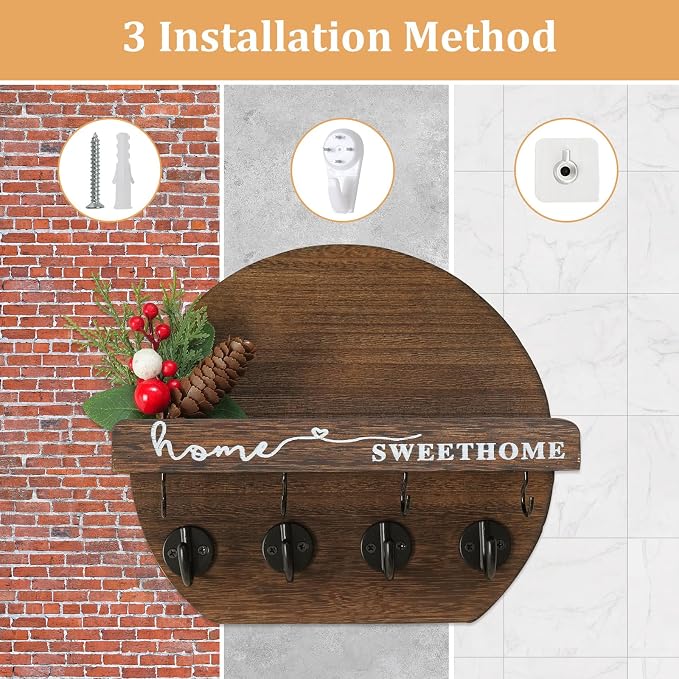 Key Holder for Wall, Key and Mail Holder Organizer - Key Holder Wall Mount with Bouquet Shelf and Key Hooks, Round Wooden Rustic Key Rack for Entryway and Home Decor (Brown)