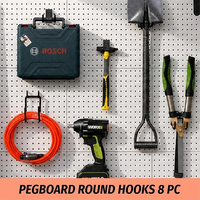 HUHOLE 8 Pack Double Arm Round Pegboard Hooks for 1/4 Inch Pegboard | Tool Holders with 30 lb Capacity, Vinyl Coated Steel Hangers for Garage, Workshop, Drills, Hammers and Cords