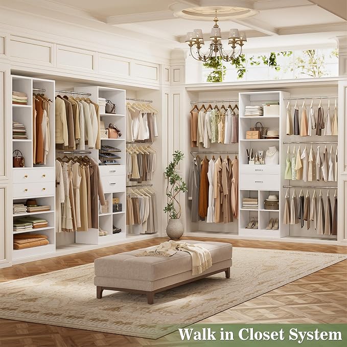 Besiost Closet System, Up to 128.6"/10.7 FT Closet Organizer with 4 Wooden Drawers and Shelves, Walk-in Closet System with 6 Hanging Rods, Built-in Closet Can Fit 96"/8FT, 120"/10FT, White Set 2