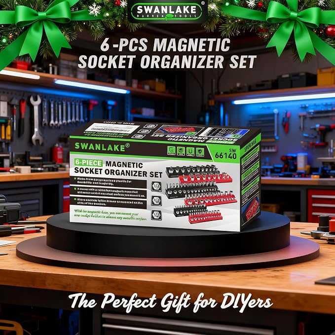 6-piece Magnetic Socket Organizer Set, Metric & SAE Drive Socket Holder, Includes 1/4", 3/8", 1/2", Holds 143 Pieces Magnetic Trays Red Black