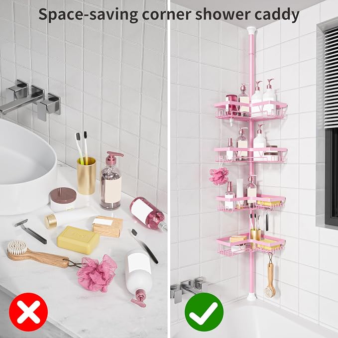 KEGII Corner Shower Caddy Tension Pole, Bathtub Shelf, Pink | 28 Hooks and 4-Tier Large Capacity Organizer, Waterproof, Stainless Steel Shower Rack Fits 25-114.2 inch Heights