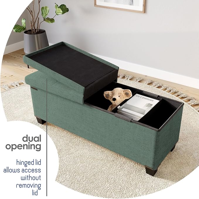 Storage Ottoman Bench with Bins, 43-in Storage Bench for Bedroom End of Bed, Folding Foot Rest Ottoman for Living Room Max 660lbs, Fabric Ottomans, Green