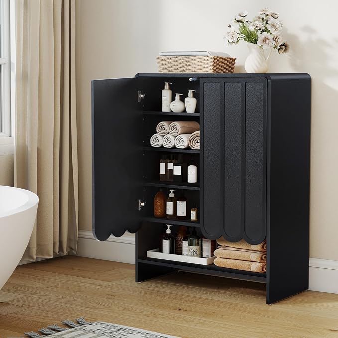 Shoe Storage Cabinet with Scalloped Doors, 5-Tier Wooden Shoe Cabinet with Adjustable Shelves, Shoes Rack Storage Organizer for Entryway, Hallway, Living Room, Black