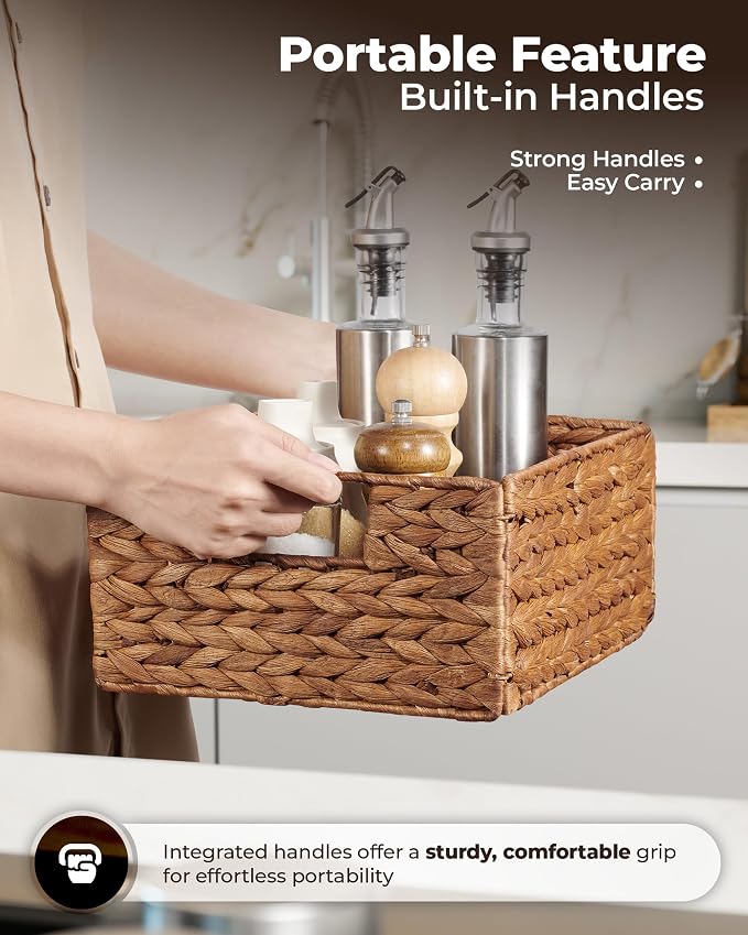 BLUEWEST Wicker Storage Baskets Pack 6, Woven Baskets for Storage, Laundry Water Hyacinth Basket for Organizing with Carrying Handles, Rattan Baskets (Brown, Rectangular)