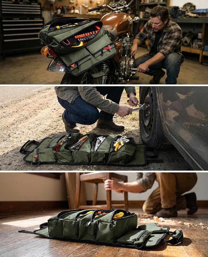 Tool Roll Up Bag, 1680D Heavy Duty Tool Bag Organizer with 2 Detachable Tool Pouches & Multiple Pockets, Waterproof Motorcycle Tool Roll for Mechanic & Electrician, Gift for Men Him Dad, 21.9"*13.8"