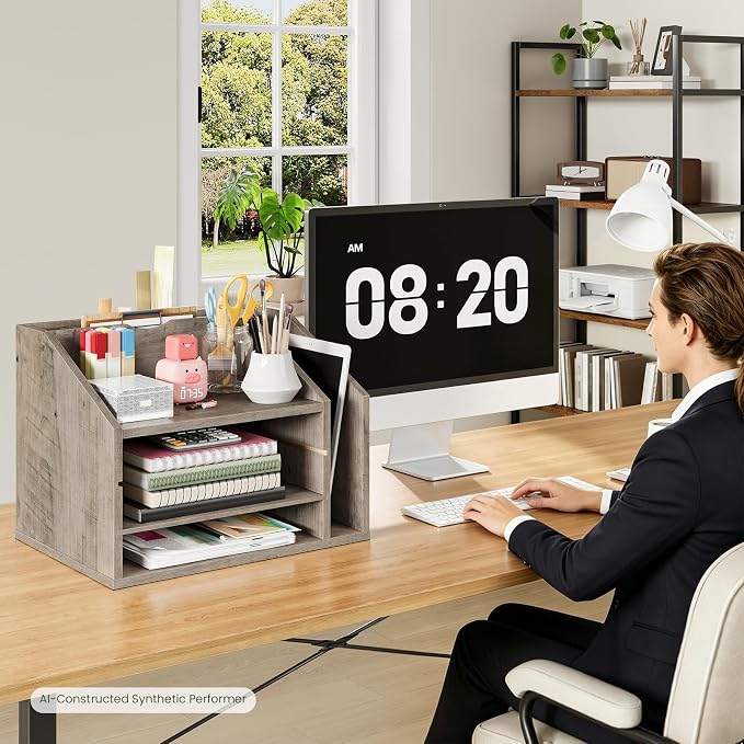 Wooden Desk Organizer with Adjustable Partitions, Multi-Layer Desktop File Holder for Home Office, Paper & Stationery Storage Organizer, Greige MWJ04FH