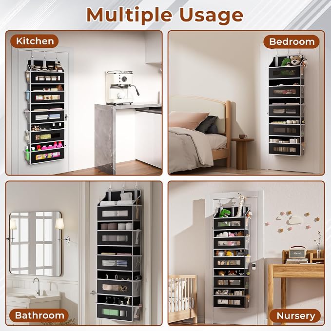5 Tier Over The Door Organizer - Large Capacity Behind Door Hanging Shelves with 10 Mesh Pockets and Clear Windows, Closet Organizers and Storage for Bathroom, Bedroom, Nursery, Black