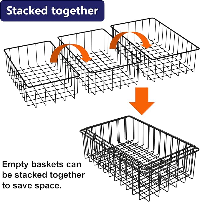 Joben Oligey 12 PACK (3 Szie) Small Wire Storage Baskets for Organizing,Pantry Organization Bins for Cabinets, Metal Basket for Kitchen, Bathroom Organizer (Black)