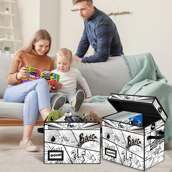 5 Pack Comic Book Storage Box, 15.8" X 7.8" X 11.8", Collapsible Holds 160-180 Comic Book Short Box Bin Container Holder Shelf(Cartoon Bombs)