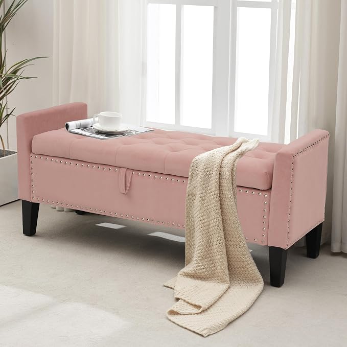 Velvet Ottoman with Storage, 46'' Upholstered Button Tufted End of Bed Bench with Arms, Modern Storage Bench for Living Room, Bedroom, Entryway, Pink
