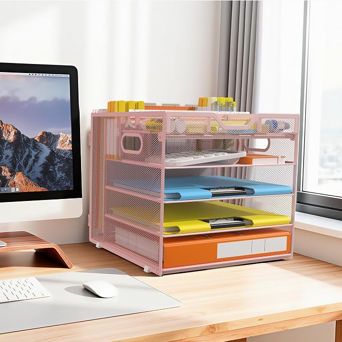 Docnest 5 Tier Desk Organizer with Hanging File Folder Holder&Tray, Pink | Features 3 detachable pen holders and 4 removable dividers.Versatile mesh desktop storage for mail, document,office supplie