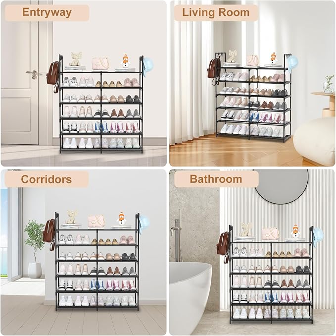 2-Row 6-Tier Stackable Shoe Rack, Black Metal Shoe Shelf with Multifunctional Hooks, Hold 24-30 Pairs, Space Saving Shoes Organizer for Closet,Show Rack
