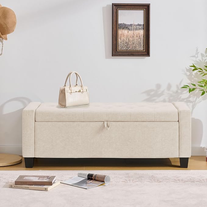 Huatean Home 43" Ottoman with Storage, Beige Storage Ottoman Bench | Upholstered Entryway Bench with Seating for Bedroom, Living Room, with Safety Hinge Holds up to 330 lb
